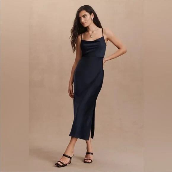 BHLDN Dresses & Skirts - BHLDN Dress Womens 16 Navy Cali Satin Cowl Neck Midi Slip Cocktail Wedding